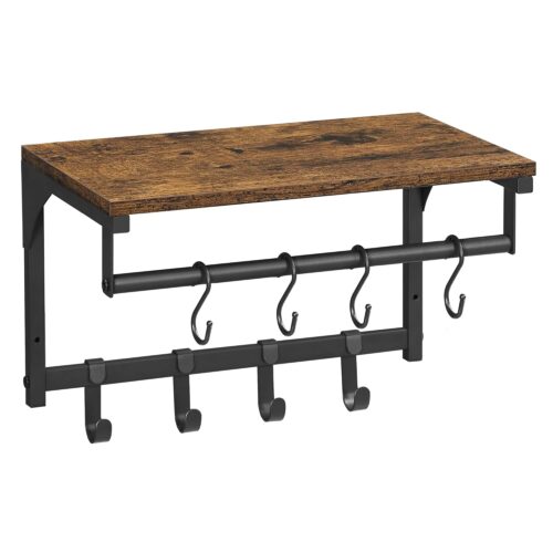 VASAGLE Wandgarderobe 8 Haken + Regal, rustikales Braun/Schwarz, 40×24×24 cm