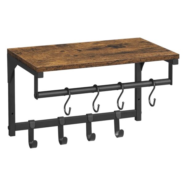 VASAGLE Wandgarderobe 8 Haken + Regal, rustikales Braun/Schwarz, 40×24×24 cm