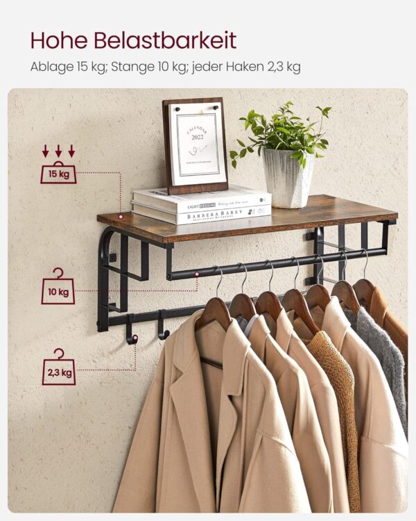 VASAGLE Wandgarderobe Aufbewahrungsregal, 5 abnehmbare Haken, Kleiderstange, rustikales Braun