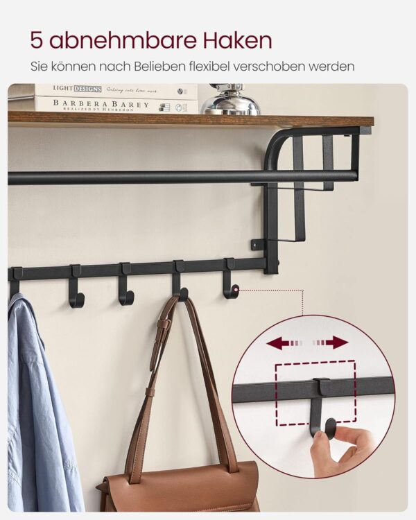 VASAGLE Wandgarderobe Aufbewahrungsregal, 5 abnehmbare Haken, Kleiderstange, rustikales Braun