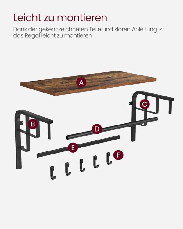 VASAGLE Wandgarderobe Aufbewahrungsregal, 5 abnehmbare Haken, Kleiderstange, rustikales Braun