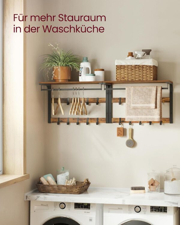 VASAGLE Wandgarderobe mit Ablage, 10 abnehmbaren Haken & Kleiderstange
