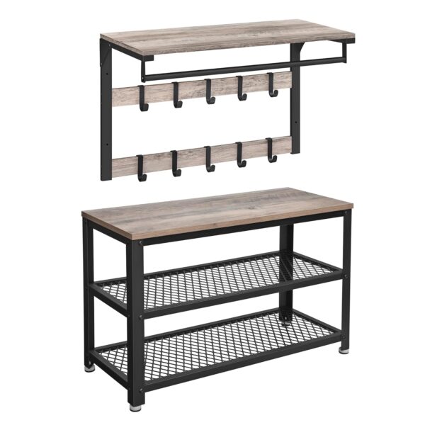 VASAGLE Wandgarderobe & Schuhbank, 10 Haken, 3‑Ebenen‑Schuhregal, Industrie‑Design