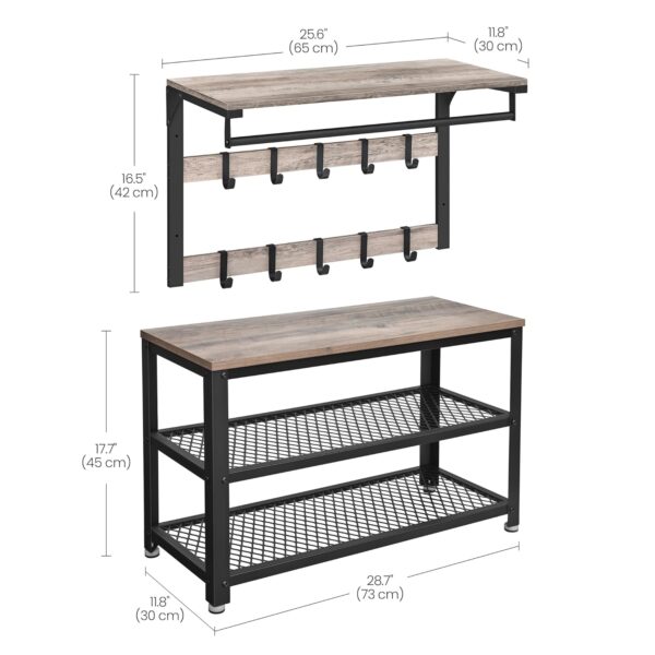 VASAGLE Wandgarderobe & Schuhbank, 10 Haken, 3‑Ebenen‑Schuhregal, Industrie‑Design