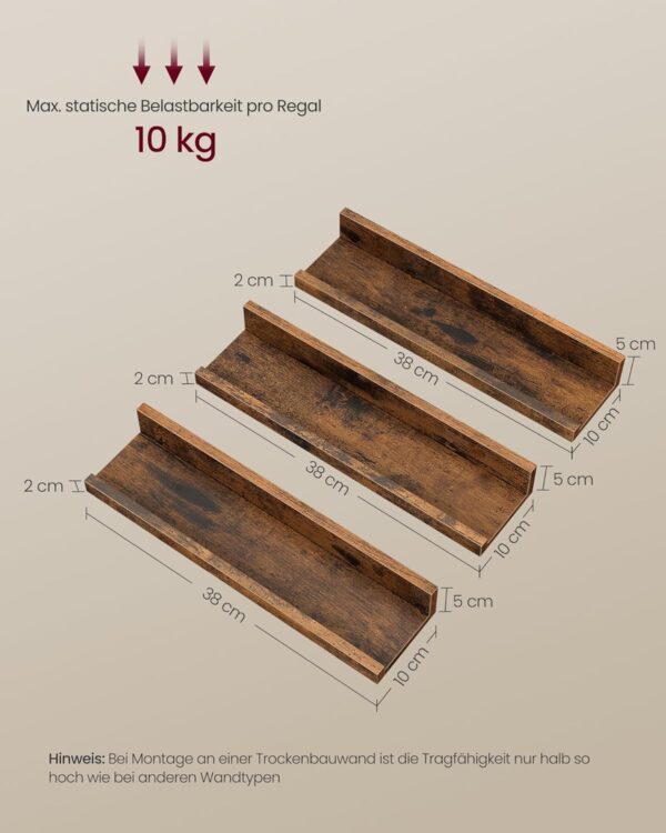VASAGLE Wandregal 3er Set – schwebend, 38 cm, erhöhte Vorderkante, vintagebraun VASAGLE Wandregal 3er Set – schwebend, 38 cm, erhöhte Vorderkante, vintagebraun