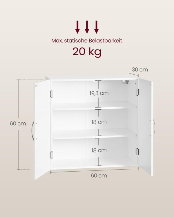 VASAGLE Wandschrank für Bad 30 x 60 x 60 cm verstellbare Regale, wolkenweiß