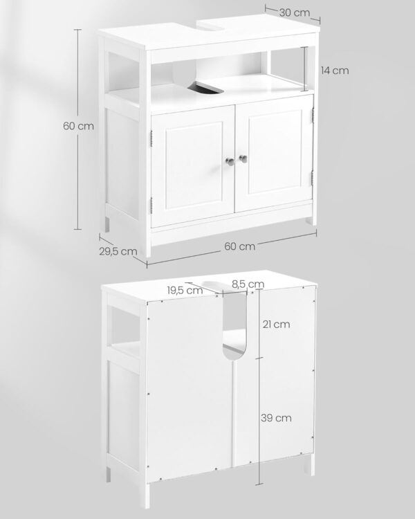 VASAGLE Waschbeckenunterschrank 30x60x60 cm, 2‑Tür, offenes Fach, wolkenweiß