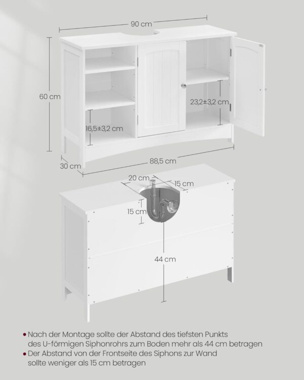 VASAGLE Waschbeckenunterschrank extra lang 30x90x60 cm, 2‑Tür, höhenverstellbare Ablagen, weiß