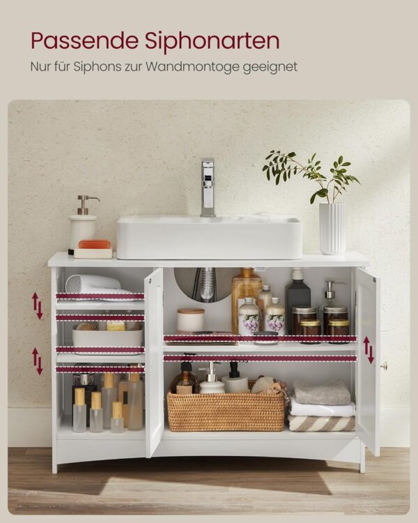 VASAGLE Waschbeckenunterschrank extra lang 30x90x60 cm, 2‑Tür, höhenverstellbare Ablagen, weiß