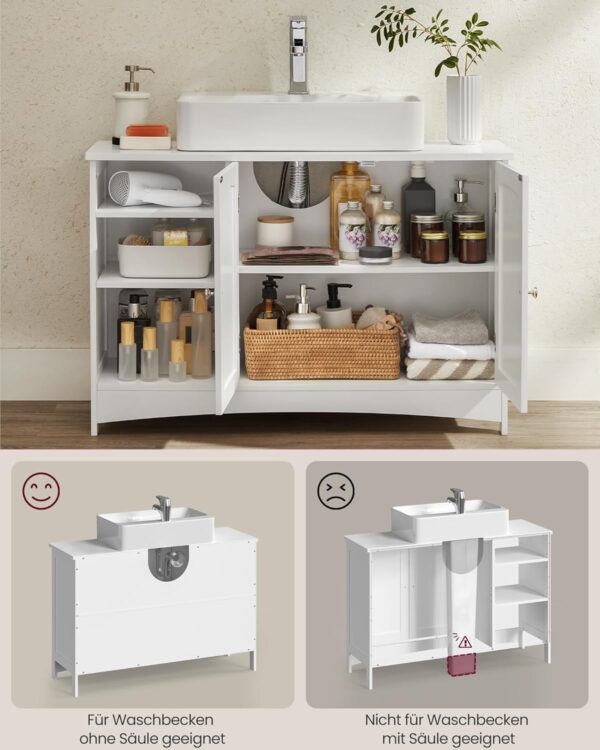 VASAGLE Waschbeckenunterschrank extra lang 30x90x60 cm, 2‑Tür, höhenverstellbare Ablagen, weiß
