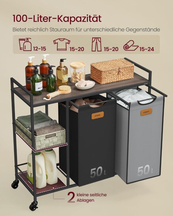 VASAGLE Wäschekorb 2‑Fächer mit Rollen, 100 L, abnehmbare Taschen