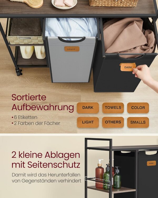 VASAGLE Wäschekorb 2‑Fächer mit Rollen, 100 L, abnehmbare Taschen