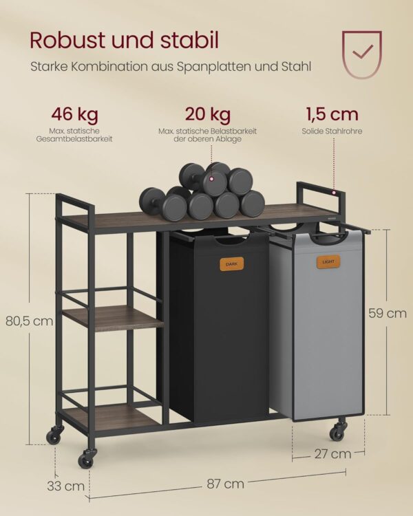 VASAGLE Wäschekorb 2‑Fächer mit Rollen, 100 L, abnehmbare Taschen