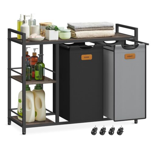 VASAGLE Wäschekorb 2‑Fächer mit Rollen, 100 L, abnehmbare Taschen