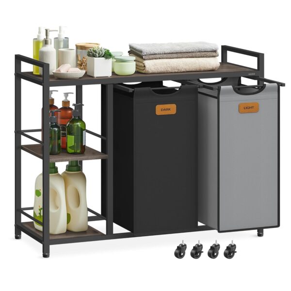 VASAGLE Wäschekorb 2‑Fächer mit Rollen, 100 L, abnehmbare Taschen
