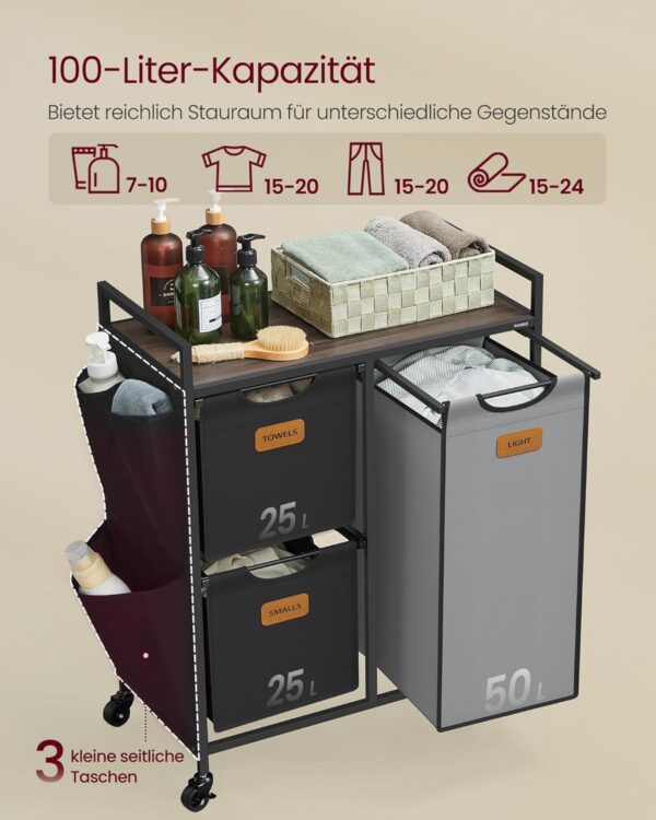 VASAGLE Wäschekorb 3‑fach 100 L Rollen & Ablage – kompakter Wäschesortierer