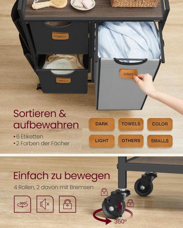 VASAGLE Wäschekorb 3‑fach 100 L Rollen & Ablage – kompakter Wäschesortierer