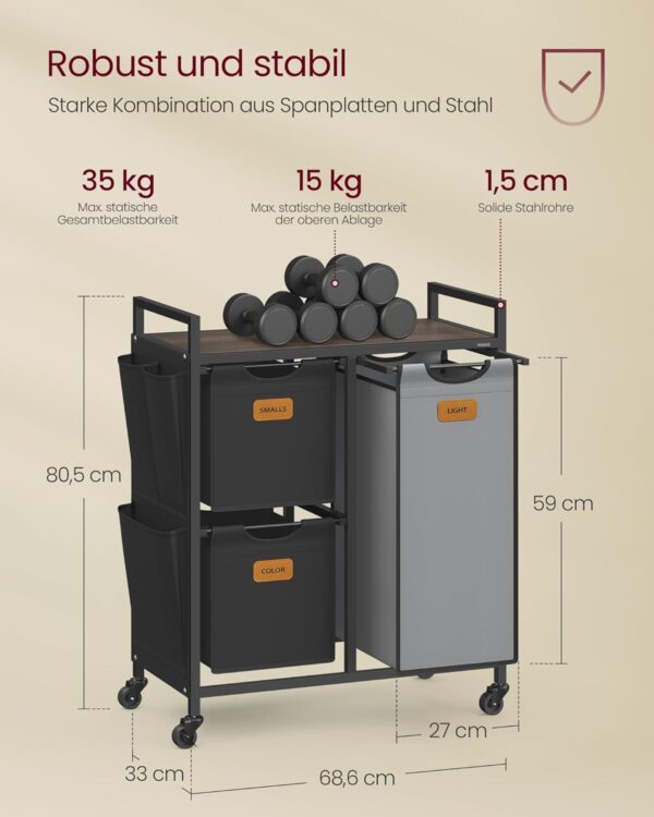 VASAGLE Wäschekorb 3‑fach 100 L Rollen & Ablage – kompakter Wäschesortierer