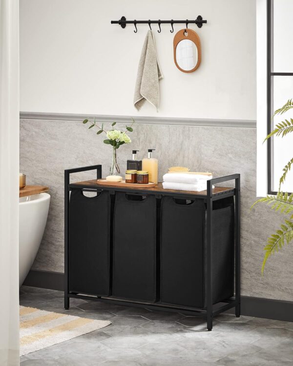 VASAGLE Wäschekorb 3‑Fach Metallrahmen abnehmbarer Oxford‑Beutel 40 L tintenschwarz‑vintagebraun
