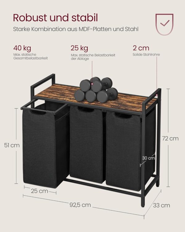 VASAGLE Wäschekorb 3‑Fach Metallrahmen abnehmbarer Oxford‑Beutel 40 L tintenschwarz‑vintagebraun